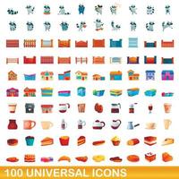 100 universal icons set, cartoon style vector