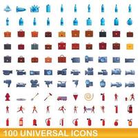 100 universal icons set, cartoon style vector