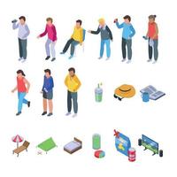 Resting athlete icons set isometric vector. Bored break vector