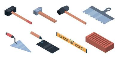 Masonry worker icons set, isometric style vector