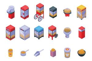 Popcorn maker machine icons set, isometric style vector