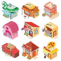 Store facade front shop icons set, isometric style vector