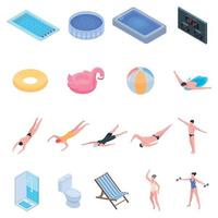 conjunto de iconos de equipo de piscina, estilo isométrico vector