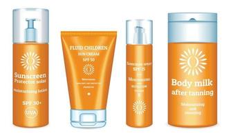 Sunscreen icons set, realistic style vector