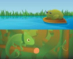 Reptiles amphibians banner set, cartoon style vector