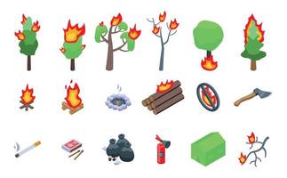 Burning forest icons set, isometric style vector