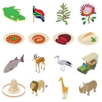 Conjunto de iconos de viaje de Sudáfrica, estilo isométrico