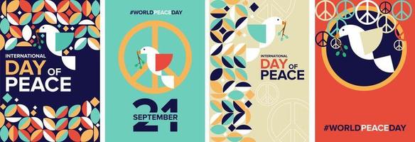 21 de septiembre día mundial de la paz. afiche geométrico, tarjeta de felicitación, portada de libro, colección de vectores de fondo