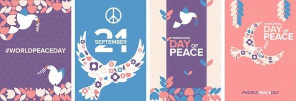 cartel geométrico del día mundial de la paz, tarjeta de saludo, fondo, portada de libro. plantilla de colección de conjunto de vectores