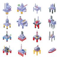 Sea drilling rig icons set, isometric style vector