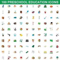 100 iconos de educación preescolar, estilo de dibujos animados vector