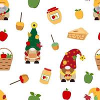 Cute fall vector seamless pattern with gnomes with apples, candy apples, jars with jam, basket with apples, apple pies and slices. Isolated on white background.