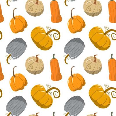 Hand drawn pumpkin in cartoon style. Vector seamless pattern. Cute autumn pattern textile. Design for greeting card and invitation of seasonal fall holidays, halloween, thsanksgiving, harvest
