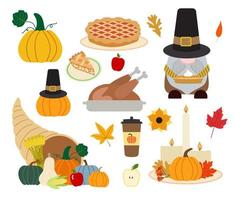 Vector fall harvest festival, Thanksgiving day set of illustrations in flat style with gnome pilgrim, turkey, cornucopia, candles, pies, pumpkins, apples and leaves. Isolated on white background.