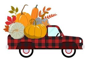 Red buffalo plaid picku truck with colorful fall pumpkins. Happy Thanksgiving, harvest season. Vector illustration. Isolated on white background.