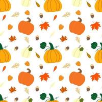 Fall vector seamless pattern with orange and yellow pumpkins, leaves, foliage, acorns on white background. Autumn harvest illustration. Botanical print. Thanksgiving wallpaper.