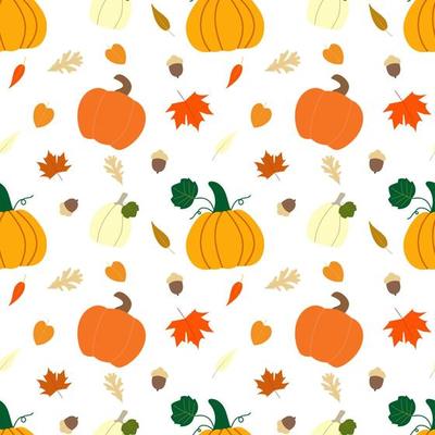 Fall vector seamless pattern with orange and yellow pumpkins, leaves, foliage, acorns on white background. Autumn harvest illustration. Botanical print. Thanksgiving wallpaper.
