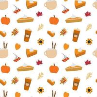 Fall vector flat seamless pattern. Pumpkin pie, coffee latte cup, orange leaves on white background. Autumn mood illustration.