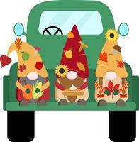 Cute harvest autumn colors vector gnomes in green vintage pickup truck with orange pumpkin, ear of corn, pie with cream, fall leaves, mushrooms. Isolated on white background.