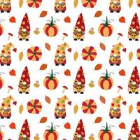 Cartoon fall vector seamless pattern with gnomes, red, orange pumpkins, corn, forest mushrooms, fallen leaves. Isolated on white background.