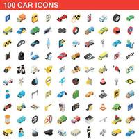 100 car icons set, isometric 3d style vector