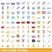 100 iconos de cuidado, estilo de dibujos animados vector