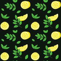 Seamless pattern with lemon slices and halves, leaves and twigs of plants vector