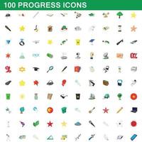 100 progress icons set, cartoon style vector