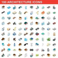 100 architecture icons set, isometric 3d style vector