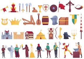 Medieval icons set, cartoon style vector