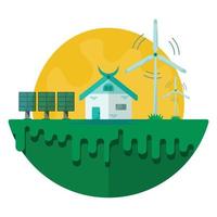 la casa utiliza energía renovable. para ahorrar energía y ayudar a proteger el medio ambiente, mediante el uso de electricidad de la energía solar y eólica, la idea de cambiar el medio ambiente vector