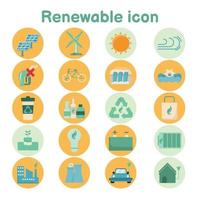 Flat icon on the circle of renewable energy. Clean energy including recycling. Home and industry using environmentally friendly alternatives. Vector illustration isolated on white background.