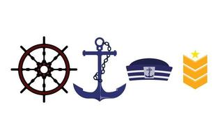 Nautical flat icon. Isolated on white background. Vector illustration of ship steering wheel and anchor, navy symbol.