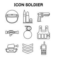 soldier icon, black outline style, weapon, gun, bomb and camp emblem, vector illustration isolated on white background.