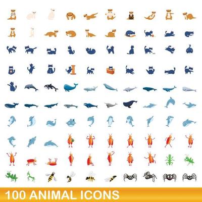 100 animal icons set, cartoon style