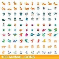 100 animales, conjunto de iconos de estilo de dibujos animados vector