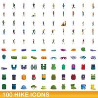 100 iconos de caminata, estilo de dibujos animados vector