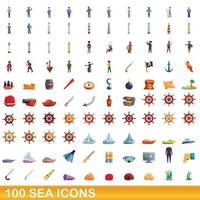 100 sea icons set, cartoon style vector