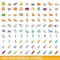 100 universal icons set, cartoon style vector