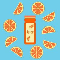 Poster with oranges and a bottle of juice on a blue background. Vector flat illustration.