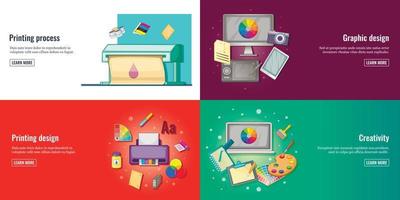 Creative process, graphic design or web design development banners set and printed materials vector illustration