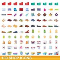 100 shop icons set, cartoon style vector