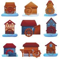 Water mill icons set, cartoon style vector