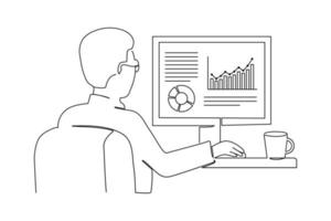 Business analyst, trader or financier concept. Person works on computer showing charts in the monitor. Businessman analyzing statistics graphs. Lineart vector illustration