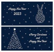 tarjetas de felicitación de año nuevo 2023 con siluetas de conejo y árbol de navidad. copos de nieve y formas de estrellas fondo de garabato dibujado a mano. plantilla de banner de invierno para web e impresión vector