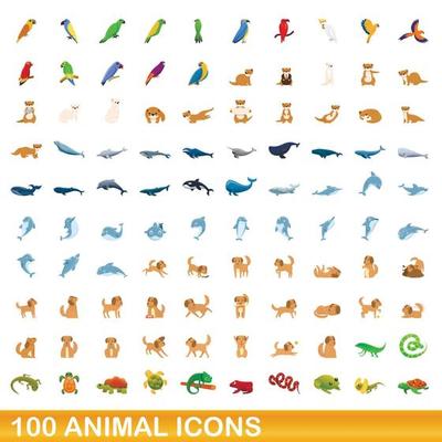 100 animal icons set, cartoon style