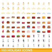 100 holiday icons set, cartoon style vector