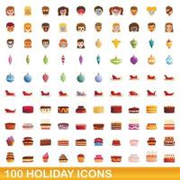 100 iconos de vacaciones, estilo de dibujos animados vector