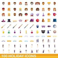 100 iconos de vacaciones, estilo de dibujos animados vector