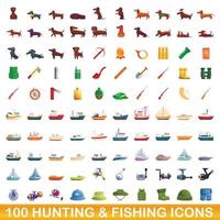 100 hunting and fishing icons set, cartoon style vector